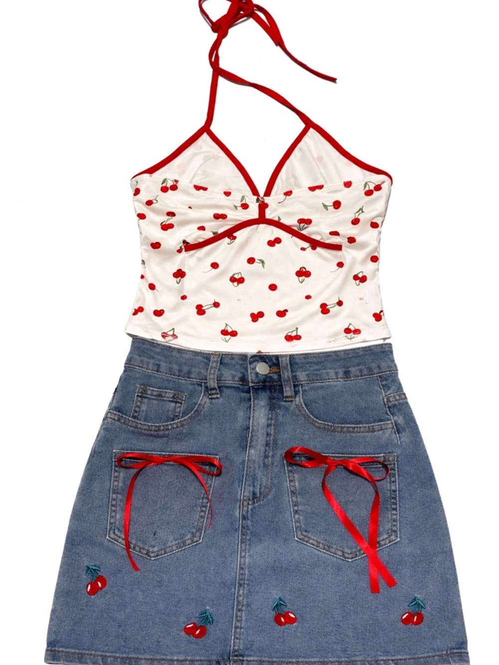 SHEIN Blue Denim Mini Skirt with Red Cherry Embroidery & Ribbon Detail